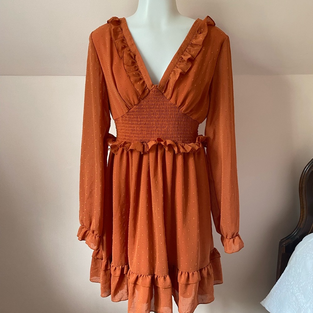 Altar'd State Orange Ruffled Dress with V-Neck